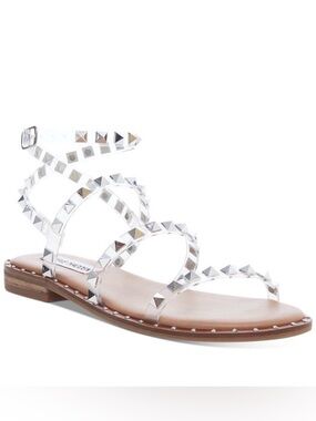 Steve Madden Clear Pyramid Stud Gladiator Sandal with Beige Footbed
